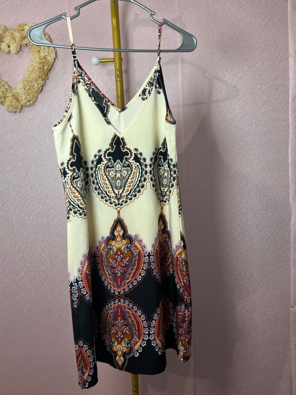 SHEIN Cream & Black Paisley-Print Slip Mini Dress with Multicolor Accents